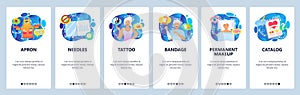 Beauty salon and spa, tattoo and permanent makeup studio, needles. Mobile app onboarding screens. Menu vector banner