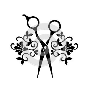 Beauty salon logo, barbershop logotype. Black scissors on white background. Hairdresser icon. photo