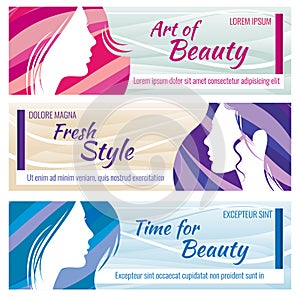 Beauty salon vector banners set with beautiful young woman face