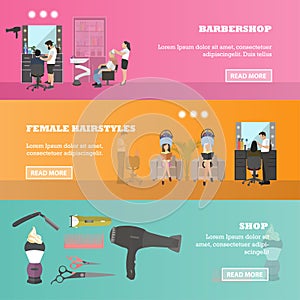 Beauty salon vector concept banners. People in hair cut studio illustration in flat cartoon style