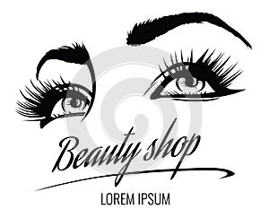 Beauty salon vector poster with eyes, eyelashes and eyebrow of beautiful woman