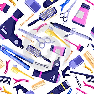 Beauty salon vector seamless pattern. Colorful hair hairdresser tools and equipment. photo