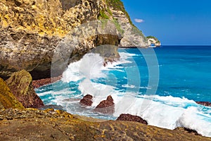 Beauty scenic landscape big rocks tropical island and ocean waves