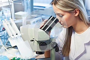 Beauty scientist Looks in microscope in chemical laboratory