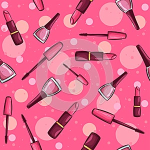 Beauty seamless pattern with different cosmetic products. Repetitive background with pink lipstick, mascara and nail polish