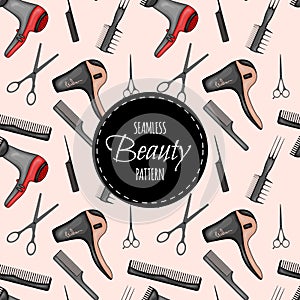 Beauty seamless pattern with Hairdressing Supplies. Cartoon style. Vector illustration.