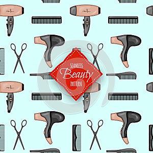 Beauty seamless pattern with Hairdressing Supplies. Cartoon style. Vector illustration