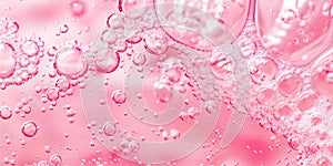 Beauty serum gel texture. Pink clear skincare cream with bubbles background.