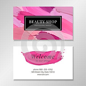 Beauty shop business card template with lipstick strokes.