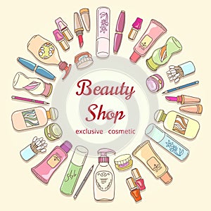 Beauty shop cosmetic label doodle vector frame