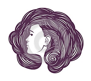 Beauty shop, cosmetic, makeup or spa concept. Beautiful girl, young woman with long curly hair. Decorative vector