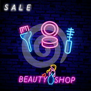 Beauty shopping, sale neon text and cosmetic accessories. Makeup, skincare and offer concept. Advertisement design