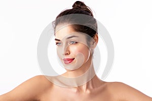 Beauty shot of attractive woman with red lipstick posing at isolated white background