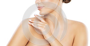 Beauty Shoulder Skin Care, Woman Applying Moisturizer by Hands, White photo