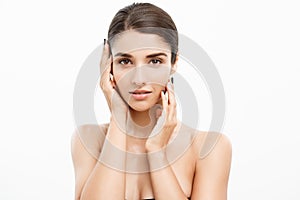 Beauty Skin Care Concept - Beautiful Caucasian Woman Face Portrait. Beautiful beauty young female model girl touching