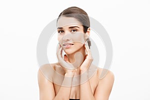 Beauty Skin Care Concept - Beautiful Caucasian Woman Face Portrait. Beautiful beauty young female model girl touching