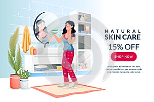 Beauty, skin care concept. Woman using anti wrinkle cosmetics. Vector illustration. Girl holding face moisturizer cream