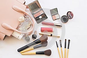 Beauty skin face set cosmetics makeup and prepare relax travel of colorful woman