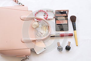 Beauty skin face set cosmetics makeup and prepare relax travel of colorful woman