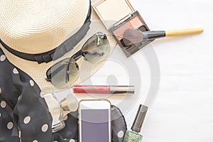 Beauty skin face set cosmetics makeup and prepare relax travel of woman