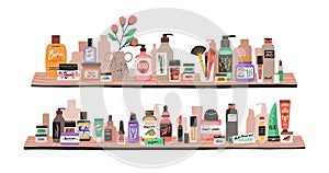 Beauty and skincare cosmetic products, decorative cosmetics, makeup items, perfumery and toiletries in bottles and tubes