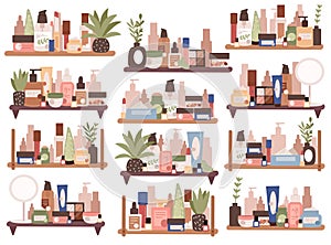 Beauty skincare cosmetics products, decorative makeup items and toiletries standing on shelf set