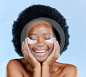 Beauty, skincare and eye mask with face of black woman in studio for facial, cosmetics and dermatology. Spa, wellness