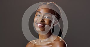 Beauty, skincare and portrait of black woman with smile for natural shine, glow and luxury cosmetics. Dermatology