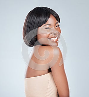 Beauty, skincare and portrait of black woman in studio for cosmetics, wellness and facial treatment. Dermatology