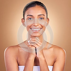 Beauty, skincare and portrait with indian woman in studio for happy, spa detox and facial. Cosmetics, self care and glow