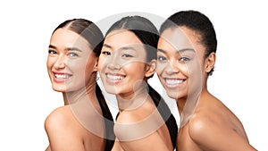 Portrait Of Three Girls Smiling At Camera Posing, White Background