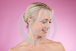 Beauty, skincare and profile of woman with smile, glowing skin and hair, natural spa makeup in studio. Mockup