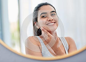 Beauty, skincare and reflection of woman in mirror of bathroom for cosmetics, skincare or vitamin c. Face, collagen and