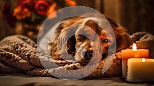 Beauty Sleep Dreaming Cavalier King Charles Spaniel Dog in Spa Sanctuary. Generative AI