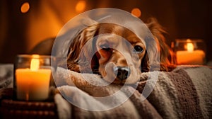 Beauty Sleep Dreaming Cavalier King Charles Spaniel Dog in Spa Sanctuary. Generative AI