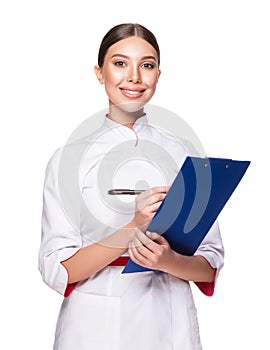 Beauty smiling female doctor holding a clipboard