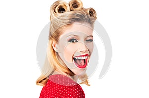 Beauty smiling pinup girl on white isolated background.