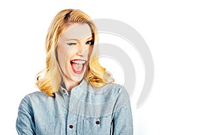 Beauty smiling pinup girl on white isolated background. Comic woman with curls retro hairstyle. Wow expression.