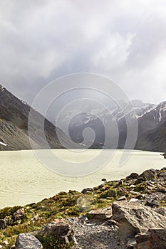 The beauty of the South Island. Rocky Mountains above Hooker Lake. New Zealand