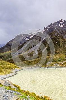 Beauty of the Southern Alps. Snowy peaks over a glacial lake. New Zealand