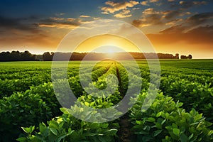 the beauty of a soybean plantation in full growth, with healthy green plants stretching across the field. The composition