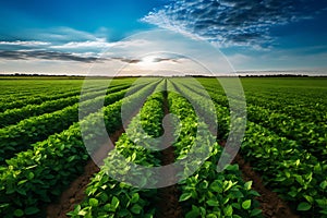 the beauty of a soybean plantation in full growth, with healthy green plants stretching across the field. The composition