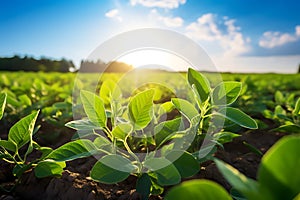 the beauty of a soybean plantation in full growth, with healthy green plants stretching across the field. The composition