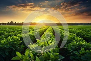 the beauty of a soybean plantation in full growth, with healthy green plants stretching across the field. The composition