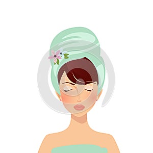 Beauty spa face, pretty woman in towel with closed eyes