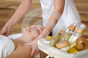 Beauty spa products in massage room