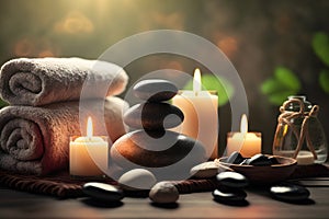 Beauty spa treatment and relax concept. Hot stone massage setting lit by candles. Neural network AI generated