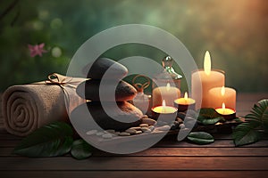 Beauty spa treatment and relax concept. Hot stone massage setting lit by candles. Neural network AI generated