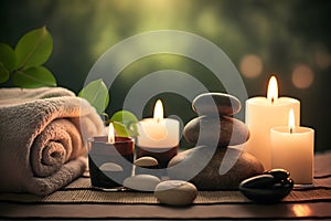 Beauty spa treatment and relax concept. Hot stone massage setting lit by candles. Neural network AI generated