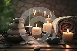 Beauty spa treatment and relax concept. Hot stone massage setting lit by candles. Neural network AI generated